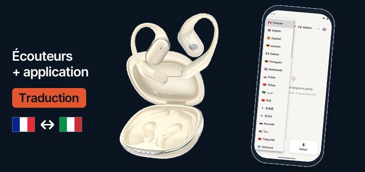 Les écouteurs Meillora à côté d’un téléphone montrant la liste des langues de l’application