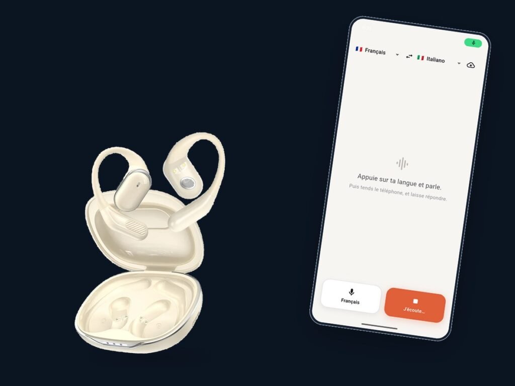 Les écouteurs Meillora à côté d’un téléphone montrant le bouton d’écoute de l’application